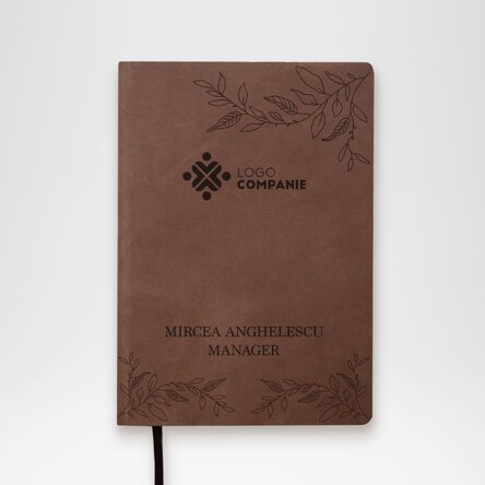 Agendă din piele personalizată cu logo pe centru și mesaj