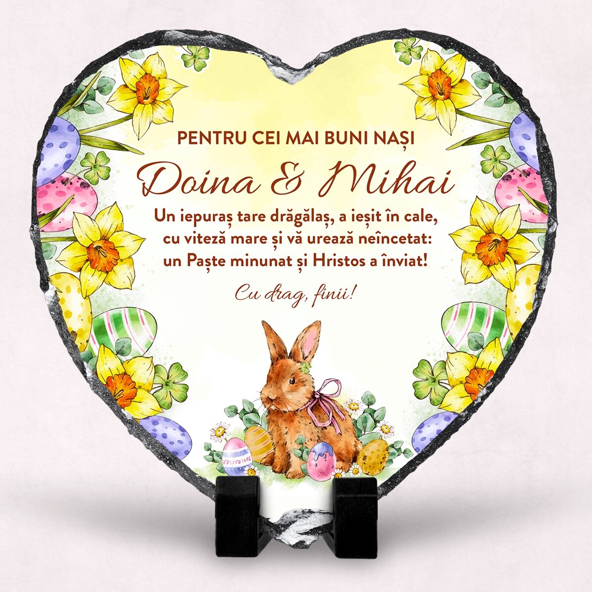 Ardezie în formă de inimă personalizată cu mesaj și poză pentru nași - Paște fericit