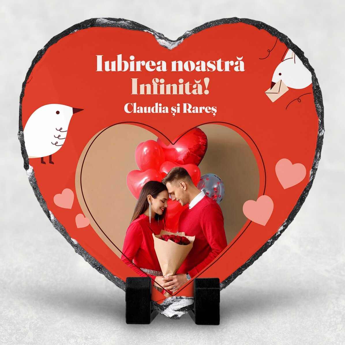Ardezie în formă de inimă personalizată cu o poză și text - Iubirea noastră infinită