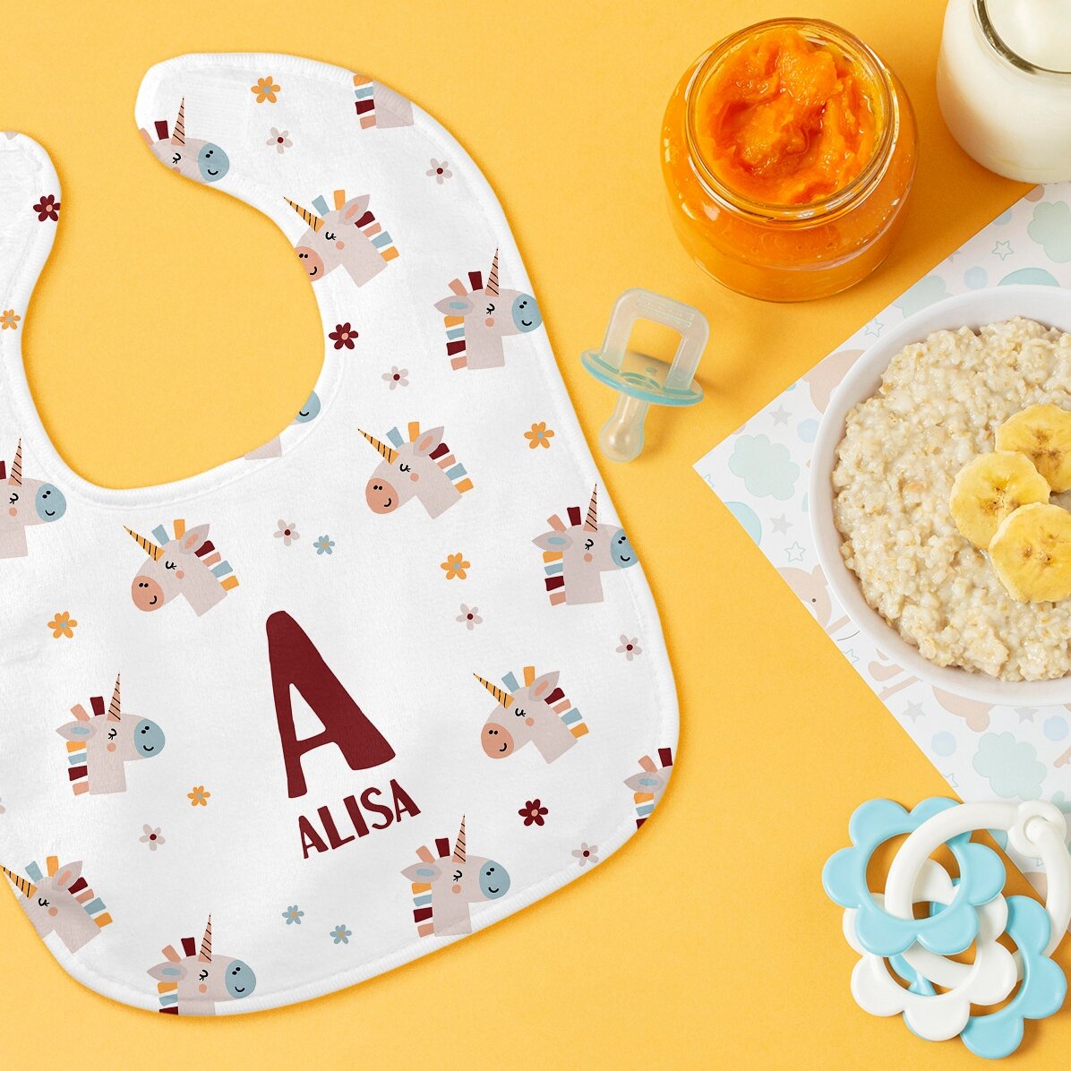 Bavețică bebe personalizată cu nume - Unicorni