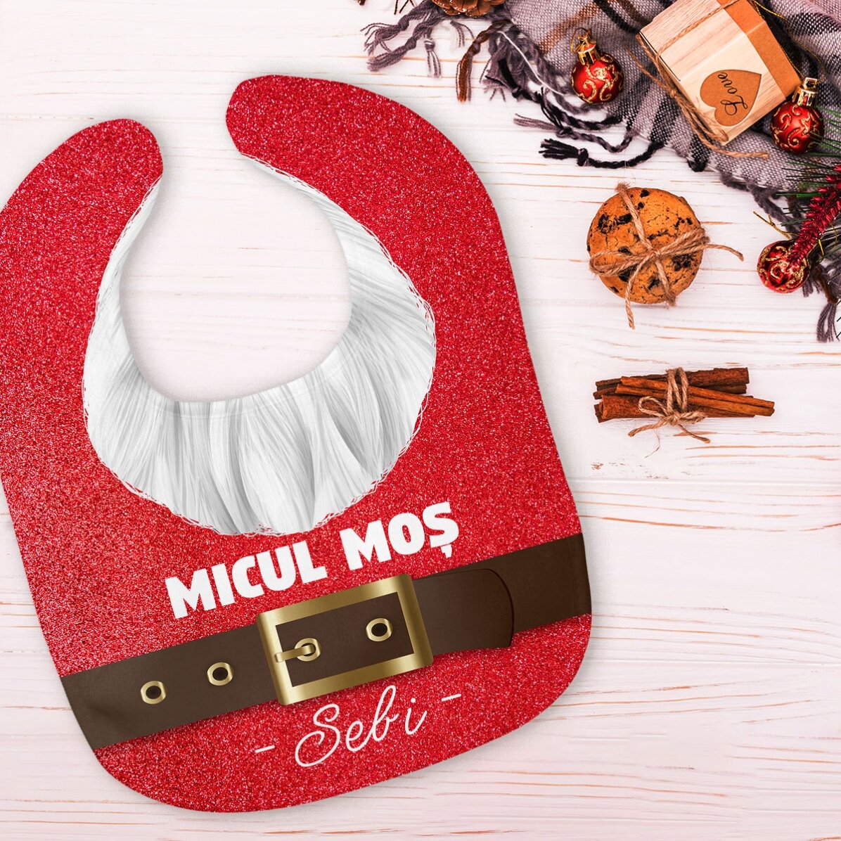 Bavețică personalizată cu text - Micul Moș