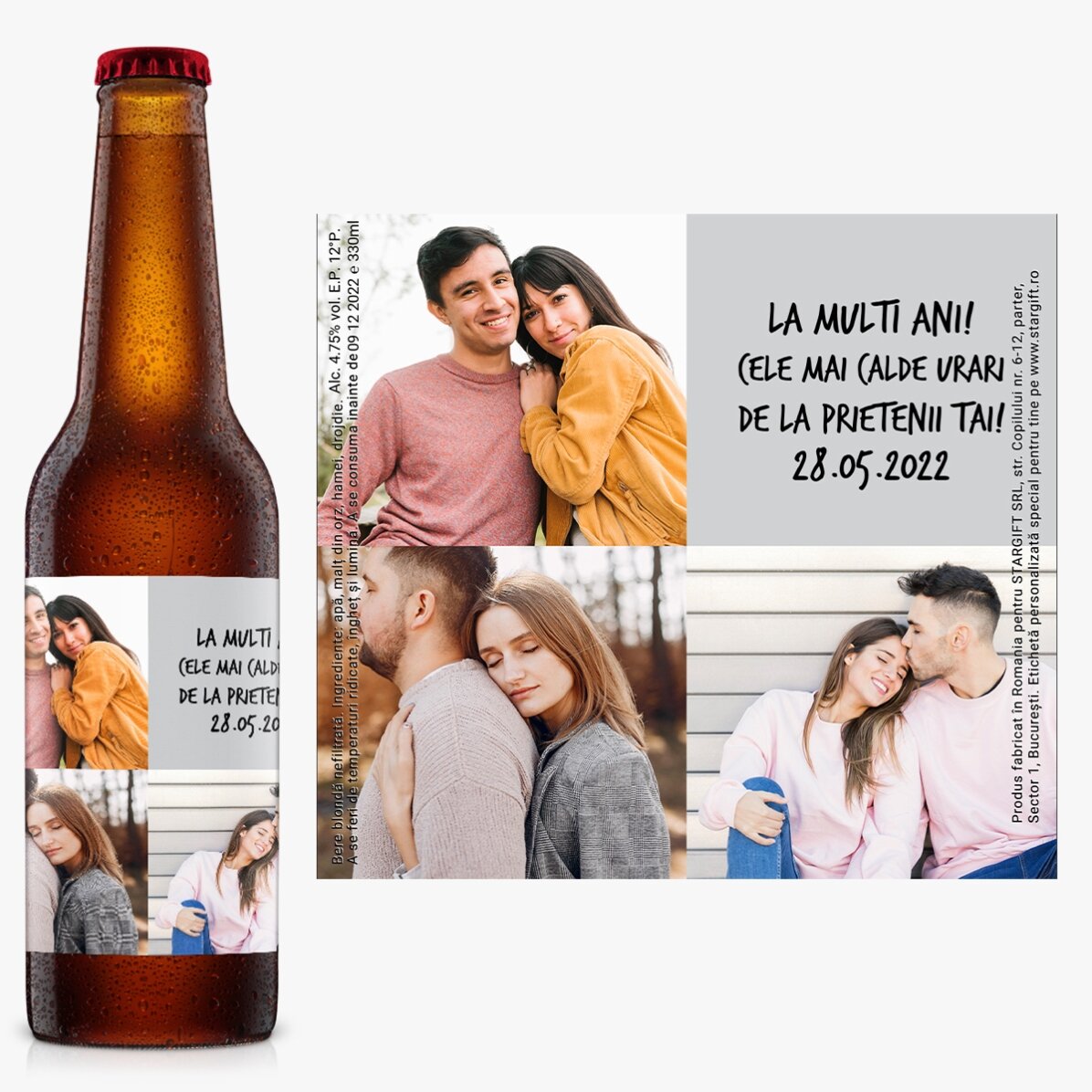 Bere personalizată cu 3 poze și text