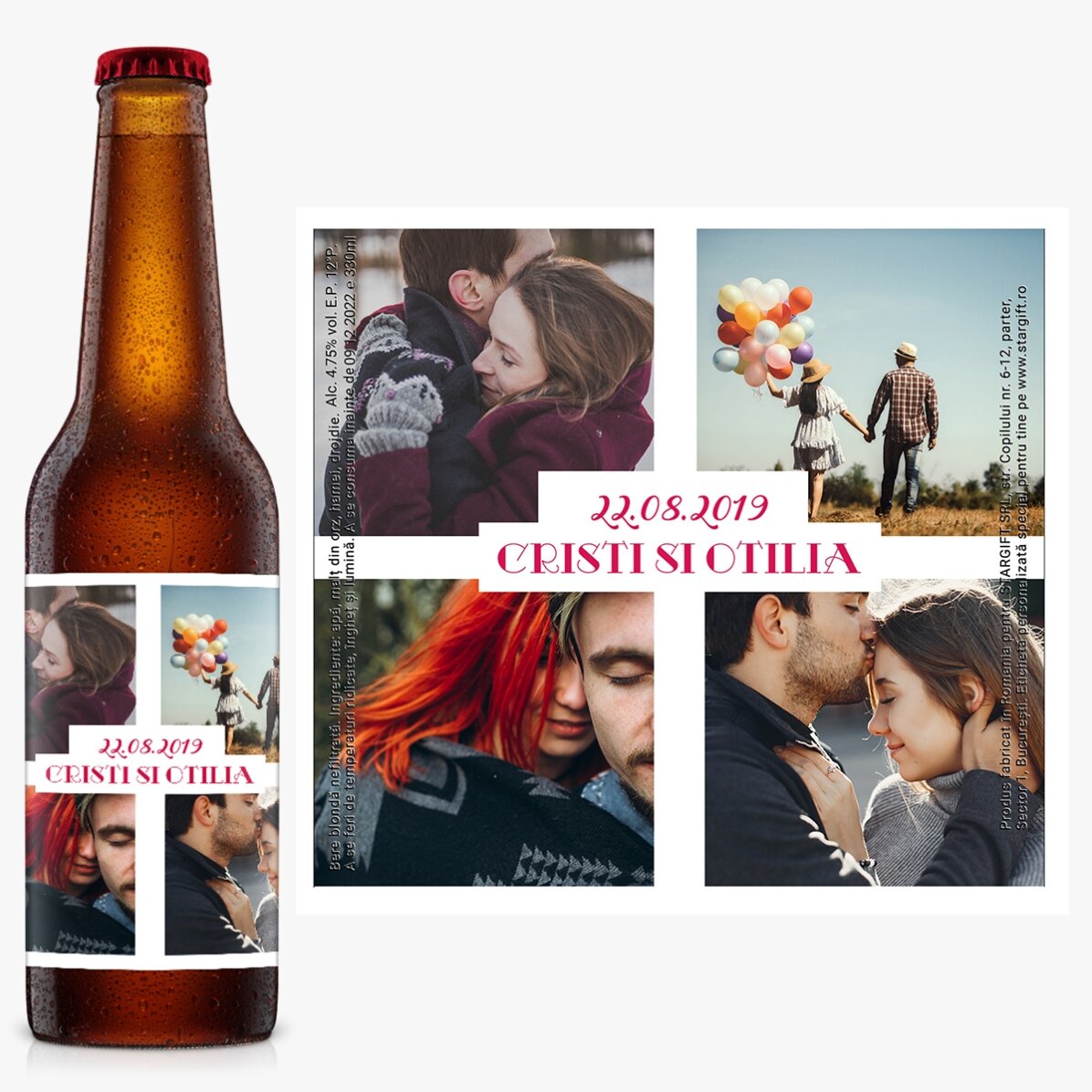 Bere personalizată cu 4 poze și text - Love