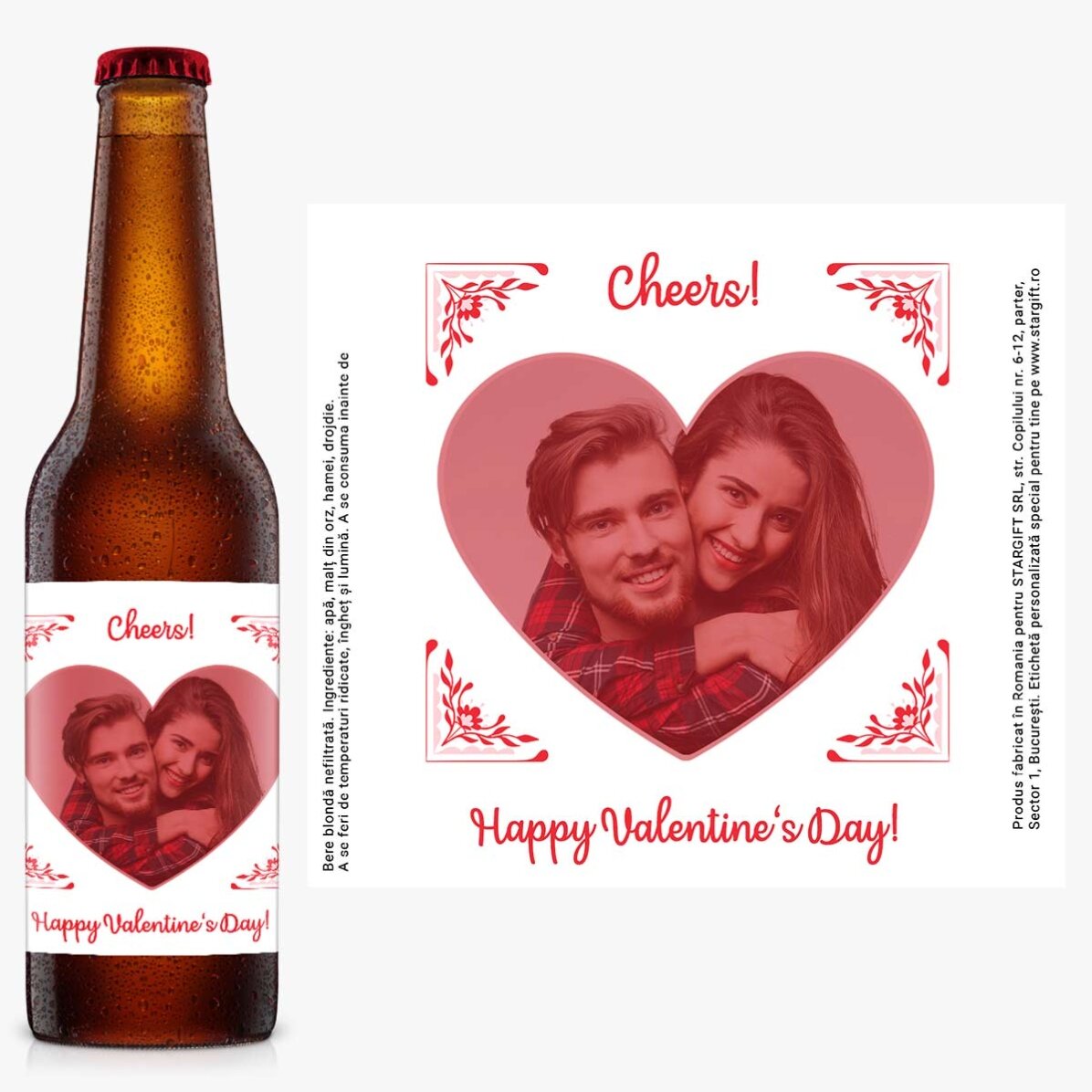 Bere personalizată cu o poză și mesaj - Happy Valentine
