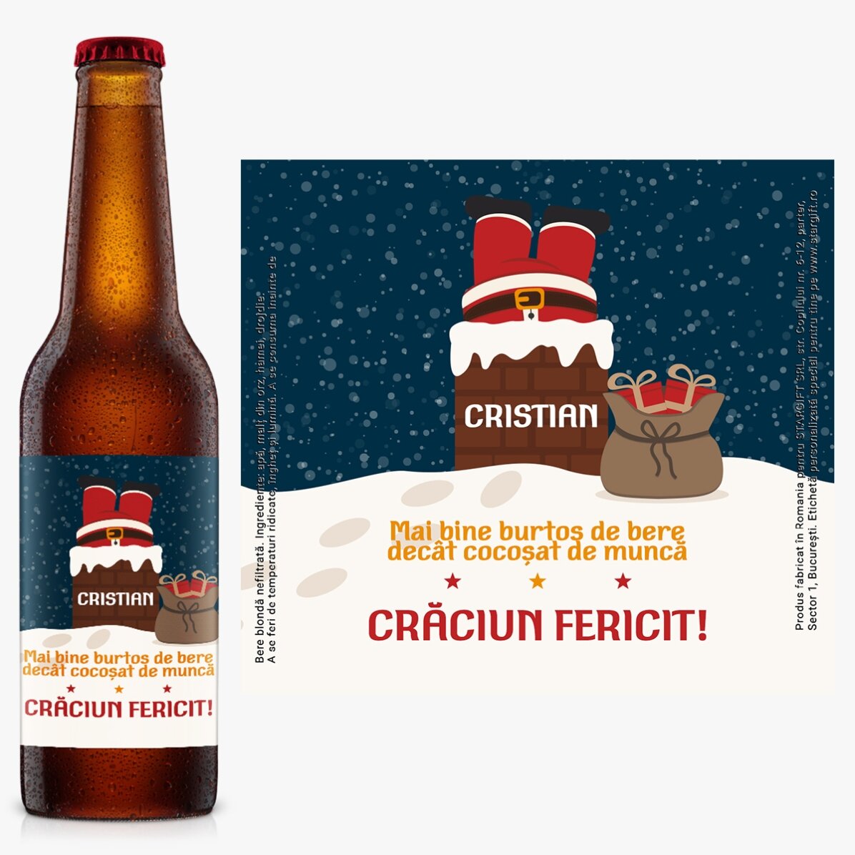 Bere personalizată cu text - Moș Crăciun pe horn 