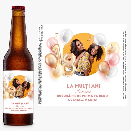 Bere personalizată cu o fotografie și text pentru majorat