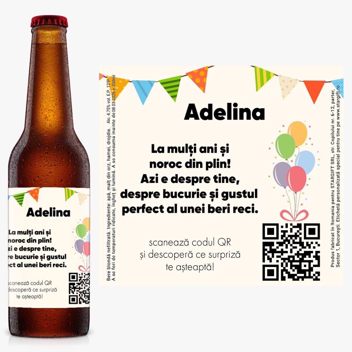 Bere personalizată cu text și cod QR - Aniversare