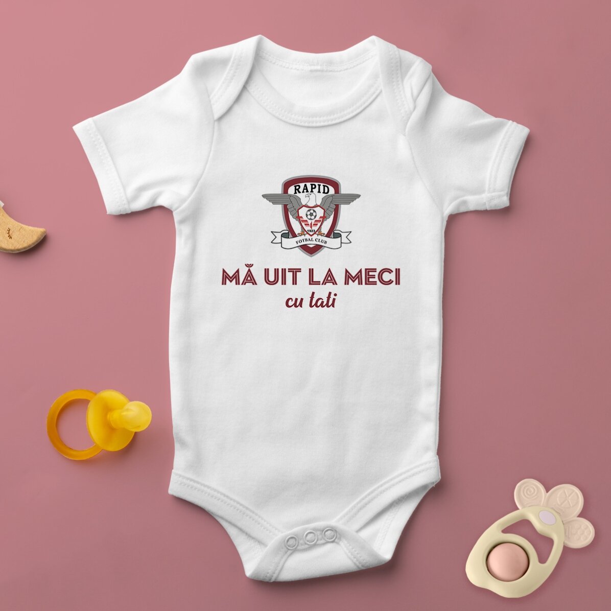 Body pentru copii FC Rapid personalizat cu mesaj - Mă uit la meci cu tati