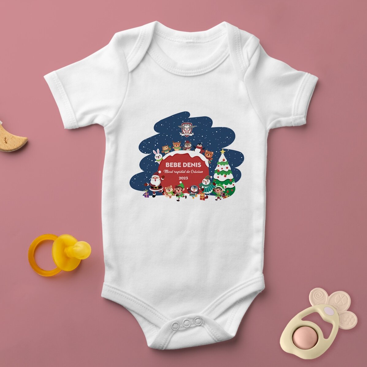 Body pentru copii FC Rapid personalizat cu text - Animăluțe de Crăciun