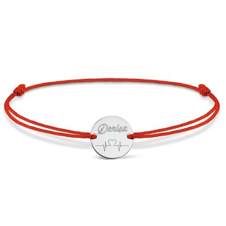 Brățară cu șnur personalizată - bănuț 14mm - argint 925 - model heart beat