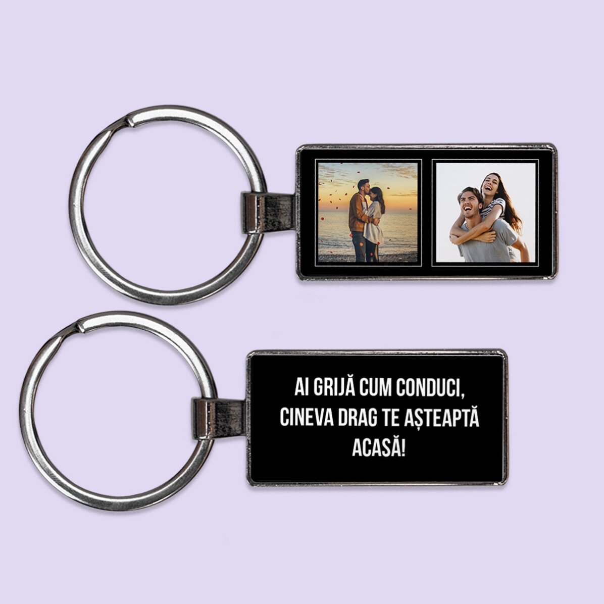 Breloc personalizat cu două poze pătrate și text 