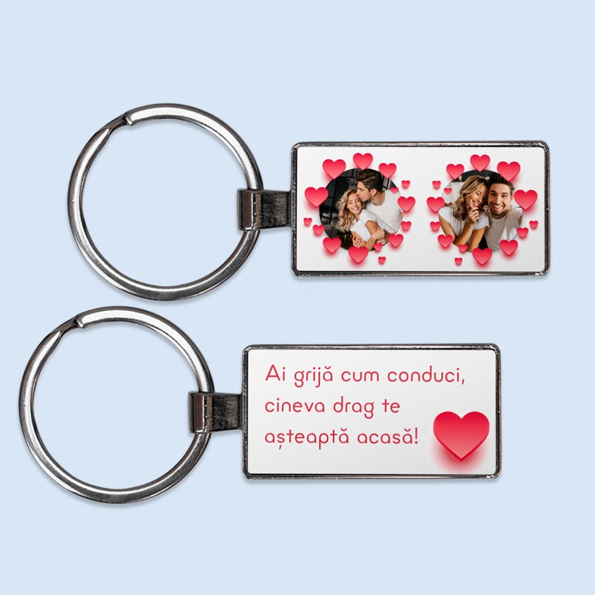 Breloc personalizat cu două poze și text - Model Inimioare