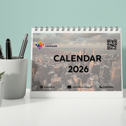 Calendar de birou personalizat cu logo, poze, text și QR