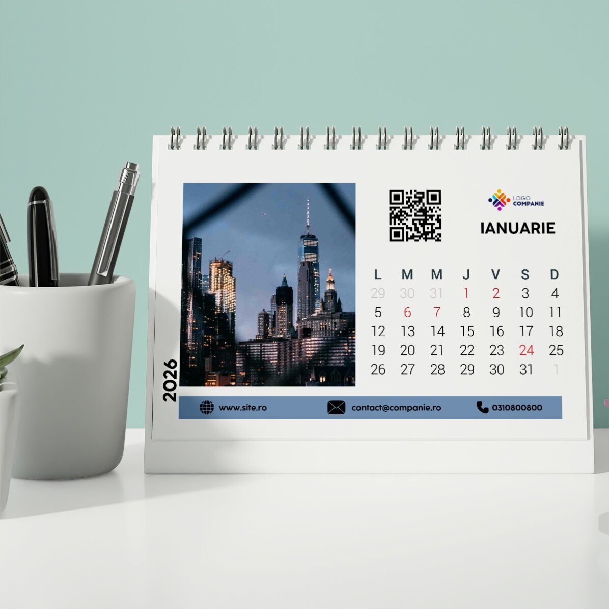 Calendar de birou personalizat cu logo, poze, text și QR