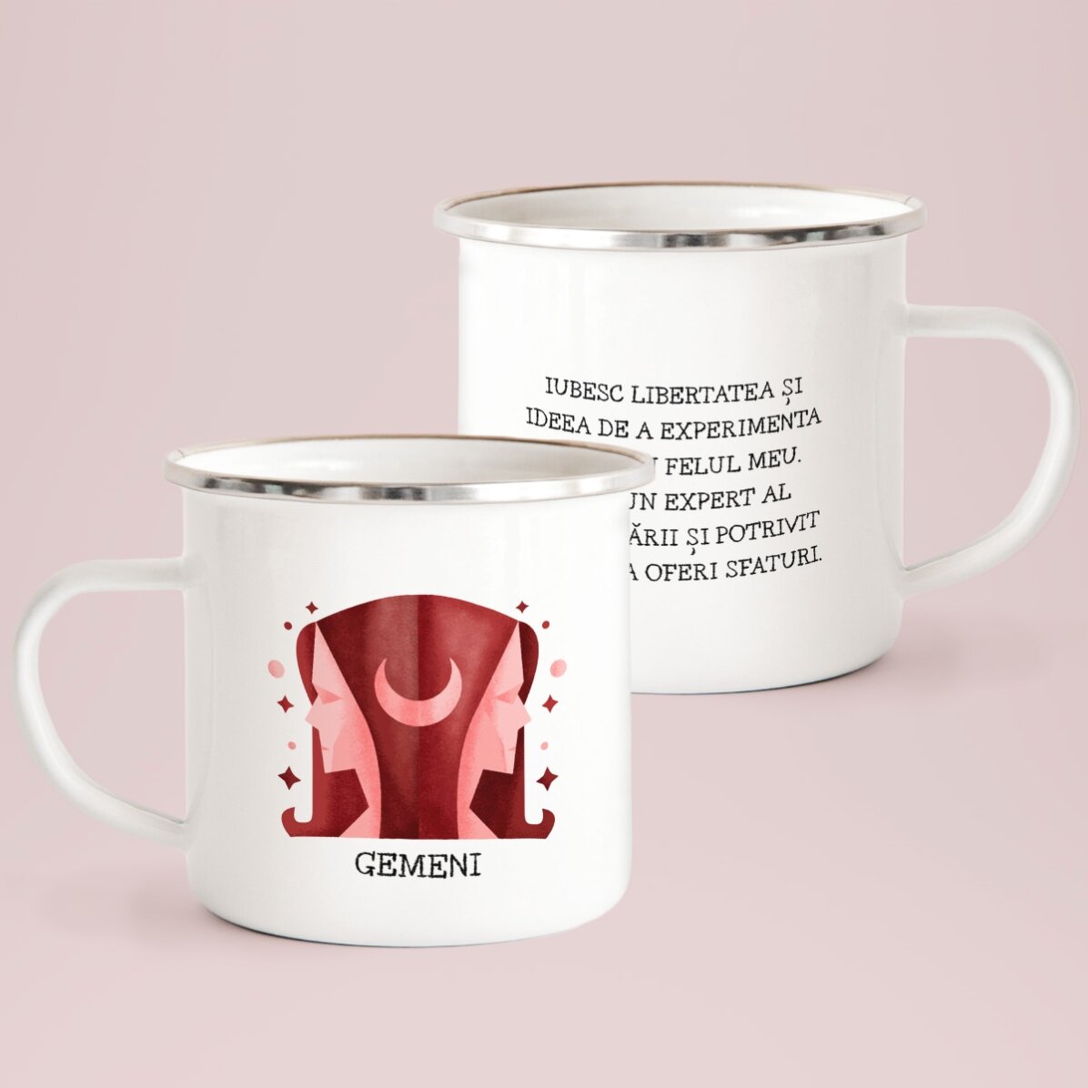 Cană emailată pentru zodia Gemeni personalizată cu text 