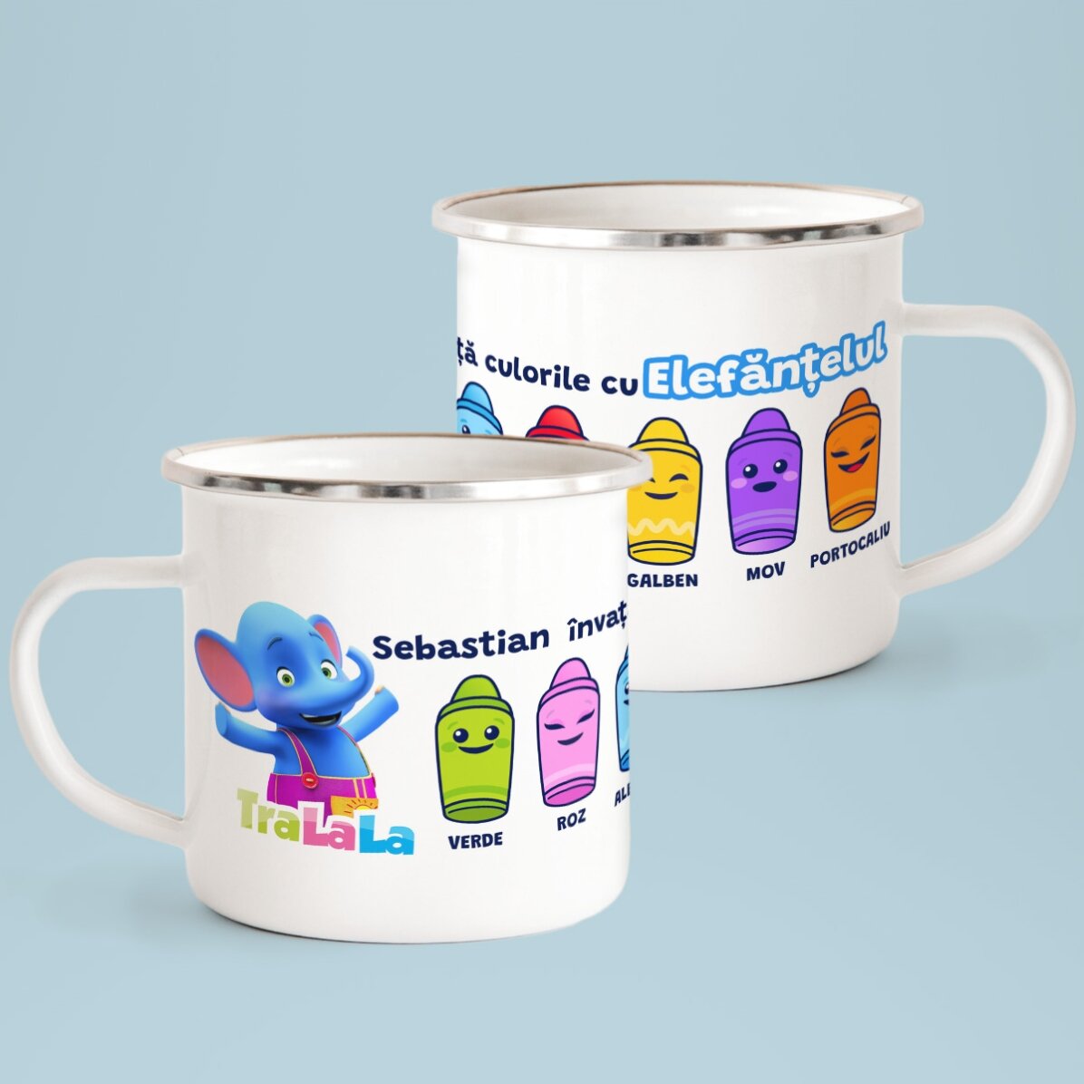 Cană emailată personalizată cu nume - Învățăm culorile cu Elefănțelul TraLaLa