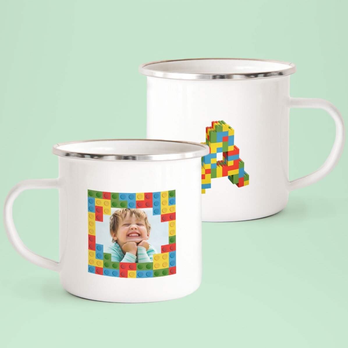 Cană emailată personalizată cu o poză și inițială - Lego