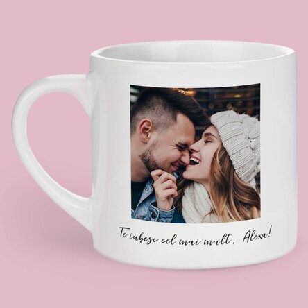 Cană espresso personalizată cu o poză, mesaj și cod QR