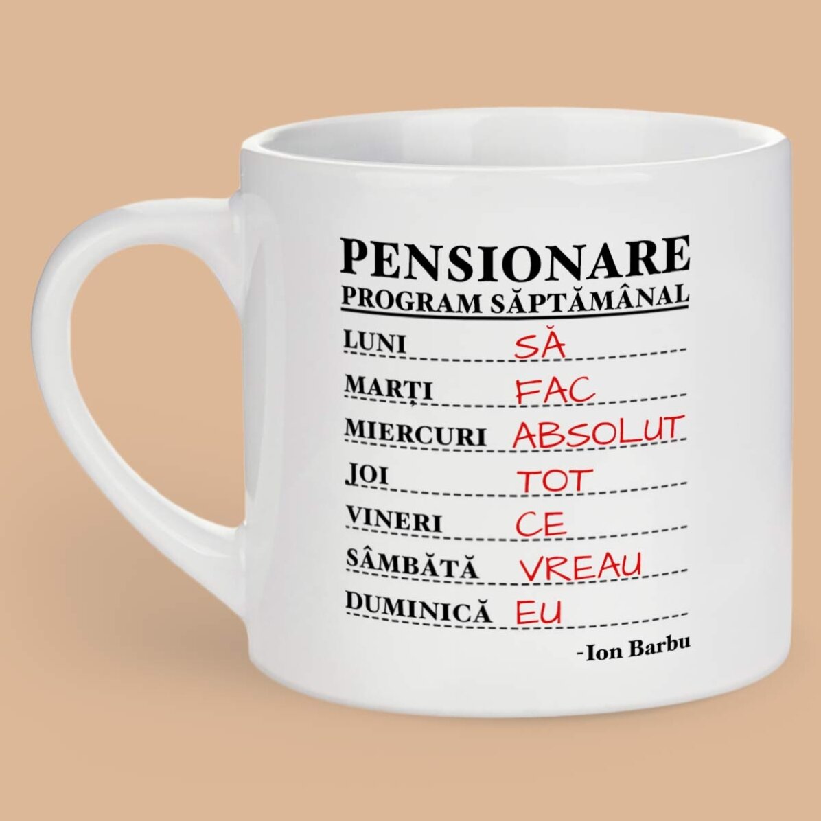 Cană espresso personalizată cu text - Program săptămânal