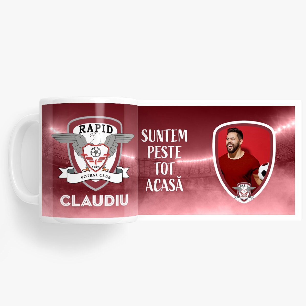 Cană FC Rapid personalizată cu poză și text - Suntem peste tot acasă