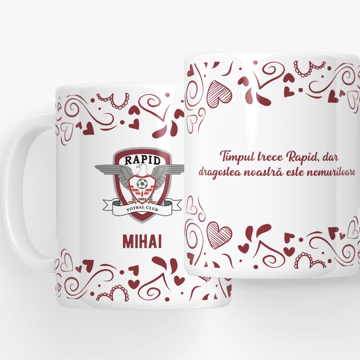 Cană FC Rapid personalizată cu text - Inimi vișinii