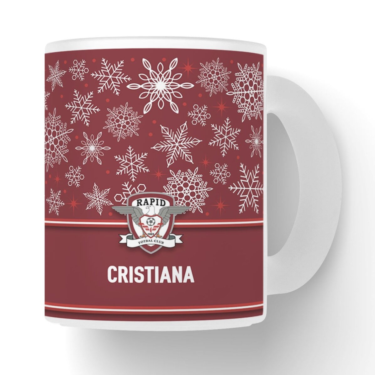 Cană sticlă mată FC Rapid personalizată cu text - Fulgi de zăpadă