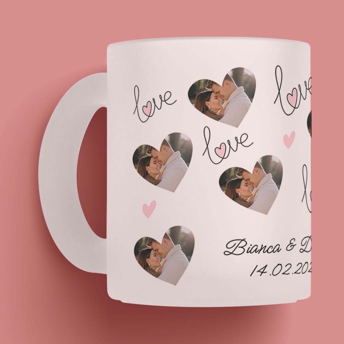 Cană sticlă mată personalizată cu 11 poze și text - Love