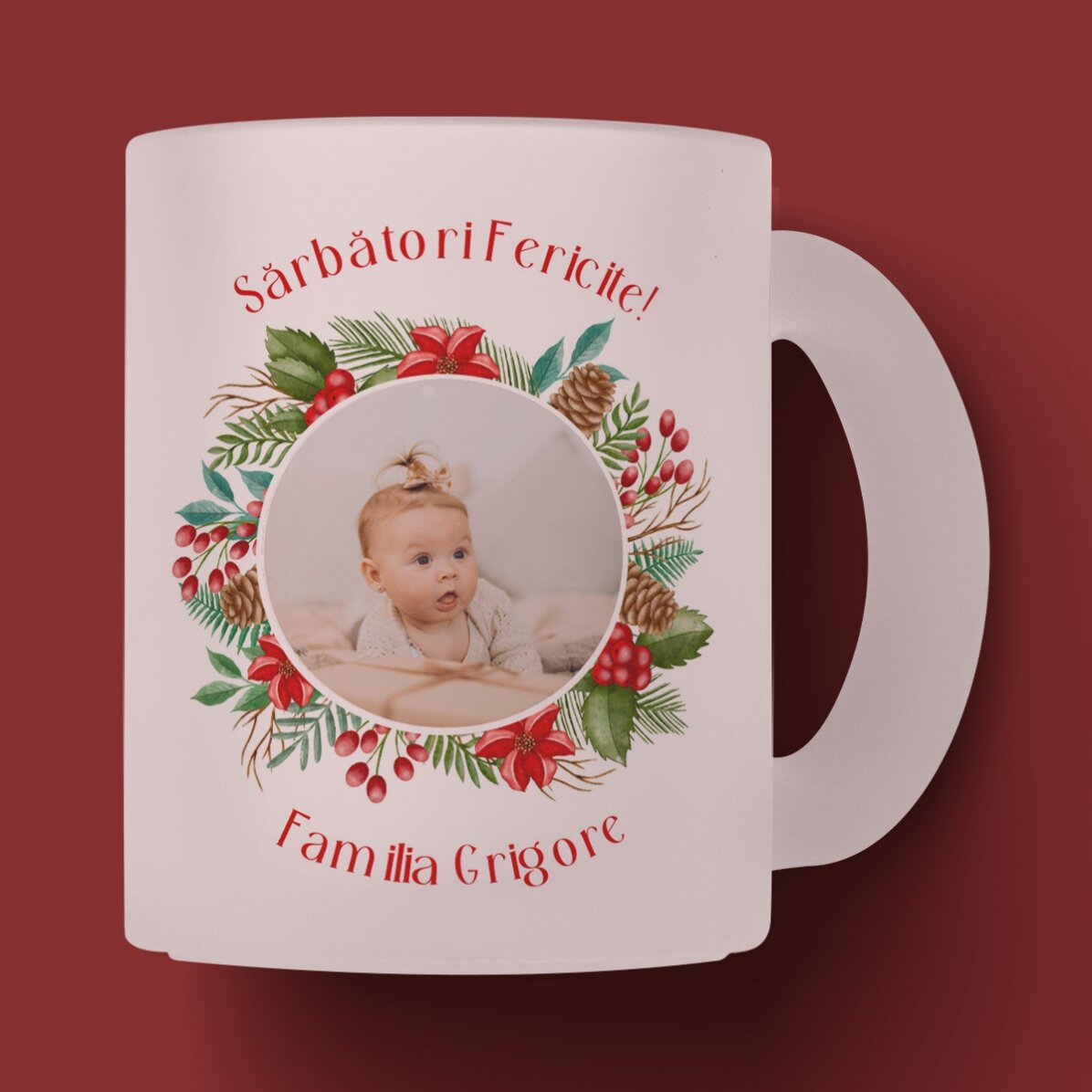 Cană sticlă mată personalizată cu 2 poze și mesaj - Sărbători Fericite!