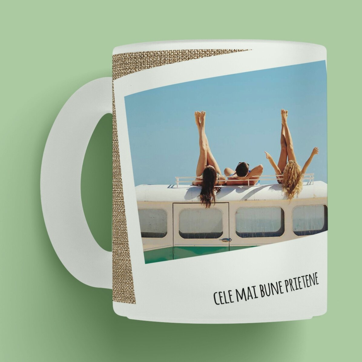 Cană sticlă mată personalizată cu 2 poze și text - Amintiri de neuitat