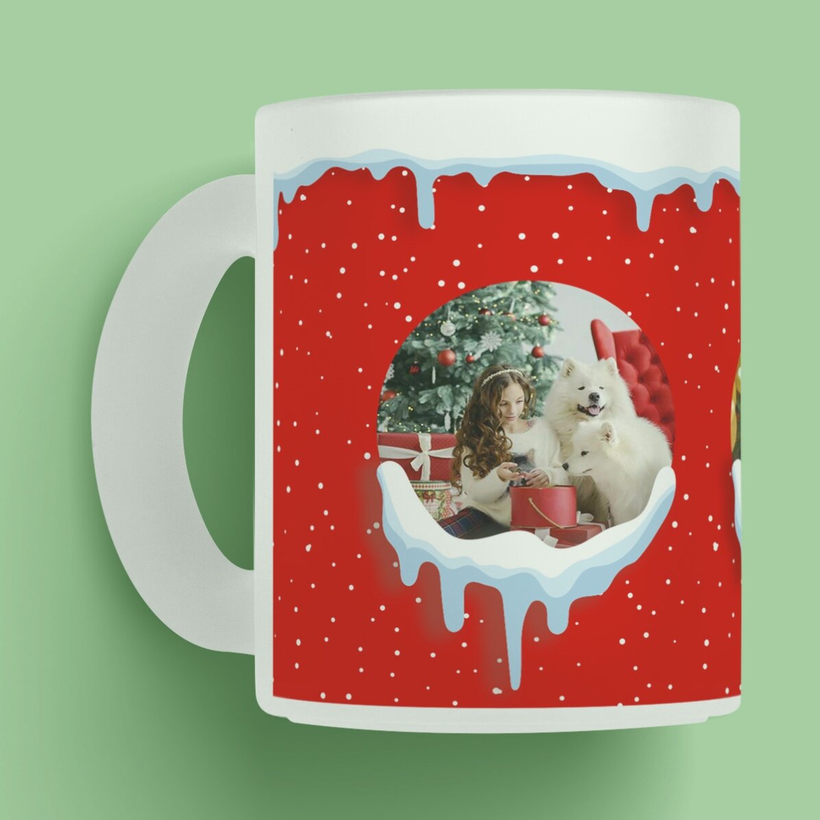 Cană sticlă mată personalizată cu 3 poze - Zăpadă 