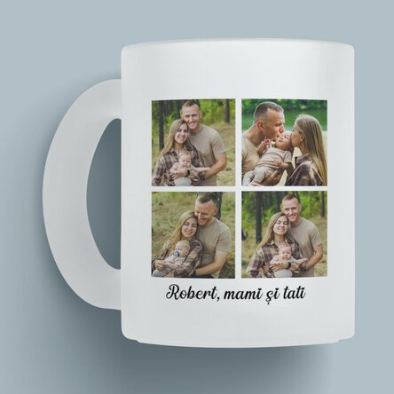 Cană sticlă mată personalizată cu 4 poze și text - Familie