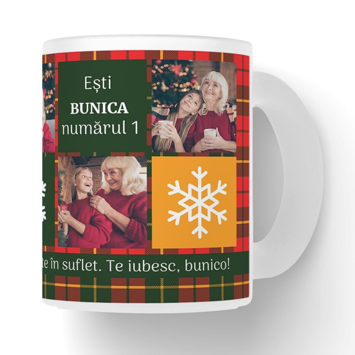Cană sticlă mată personalizată cu 5 poze și text - Christmassy