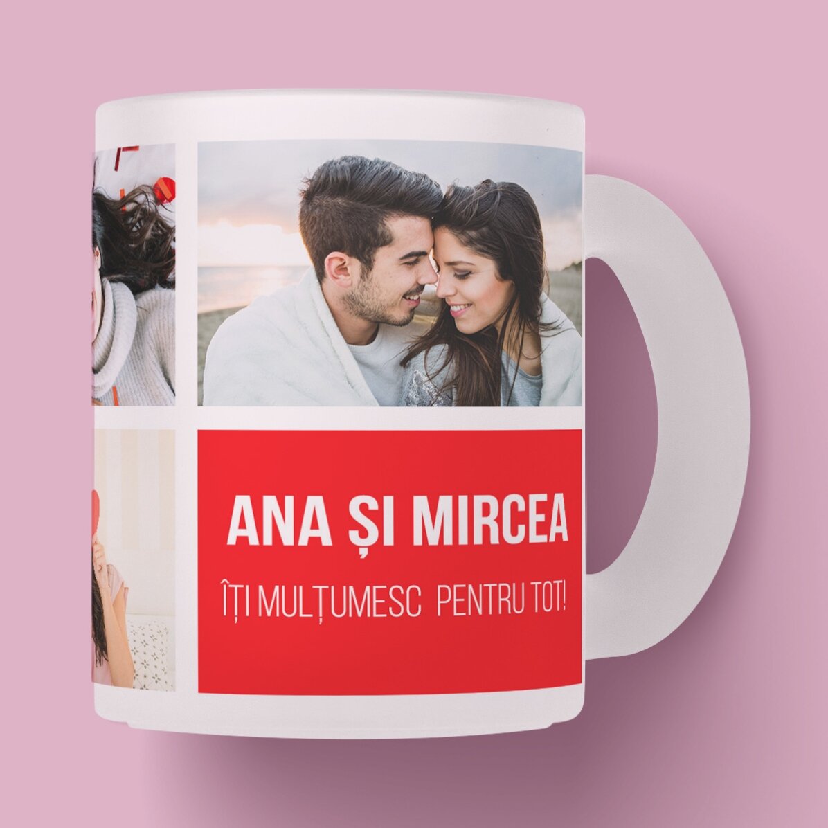 Cană sticlă mată personalizată cu 5 poze și text 
