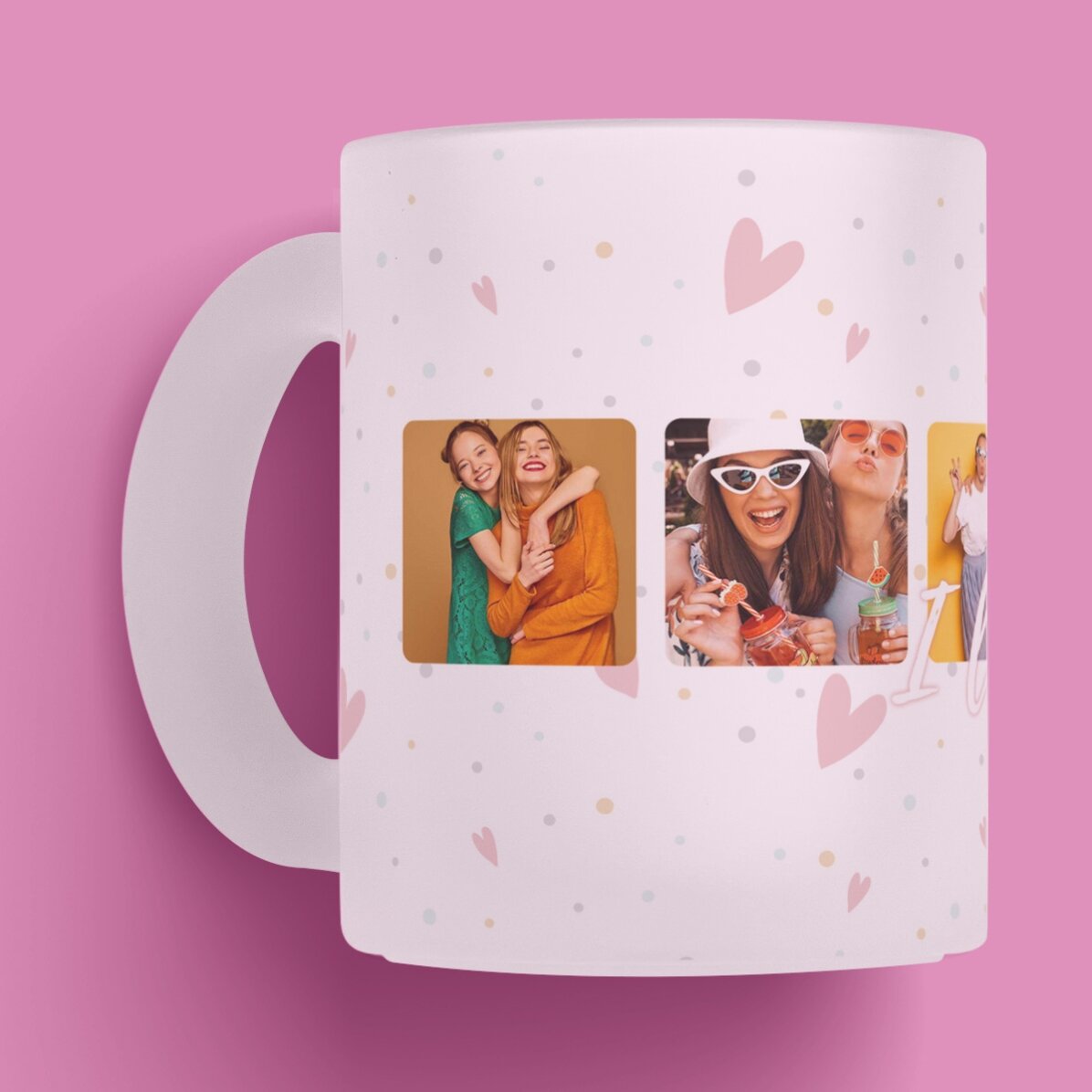 Cană sticlă mată personalizată cu 6 poze pătrate și text I love You - Celebrate love 