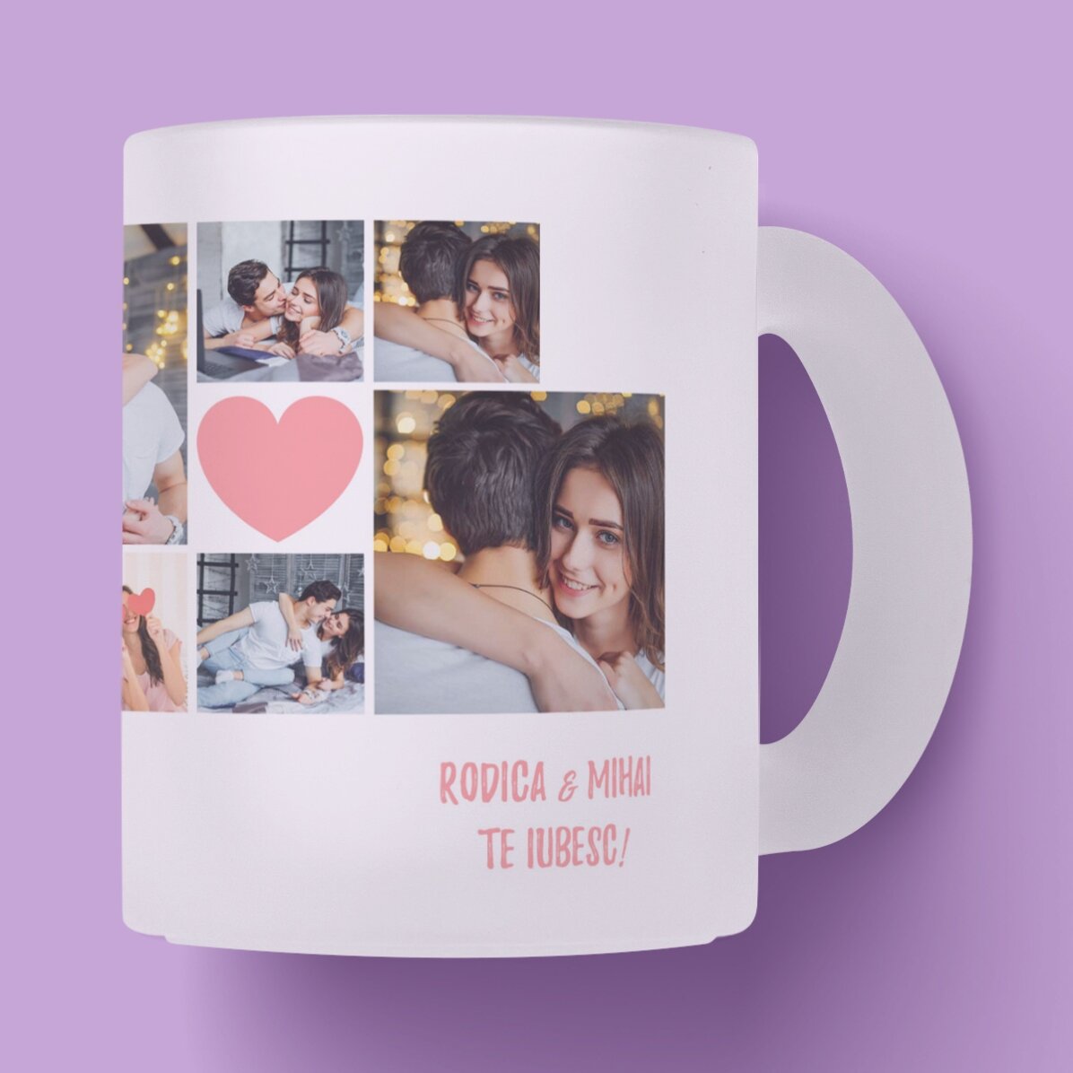 Cană sticlă mată personalizată cu 6 poze și text - Momente in cuplu