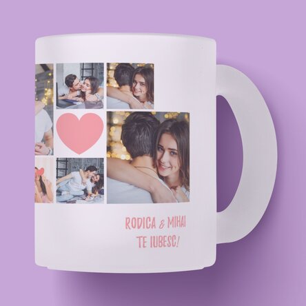 Cană sticlă mată personalizată cu 6 poze și text - Momente in cuplu