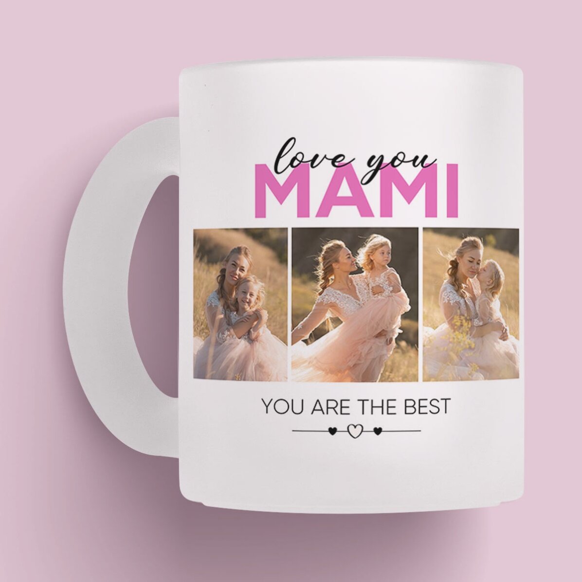 Cană sticlă mată personalizată cu 6 poze și text - With love 