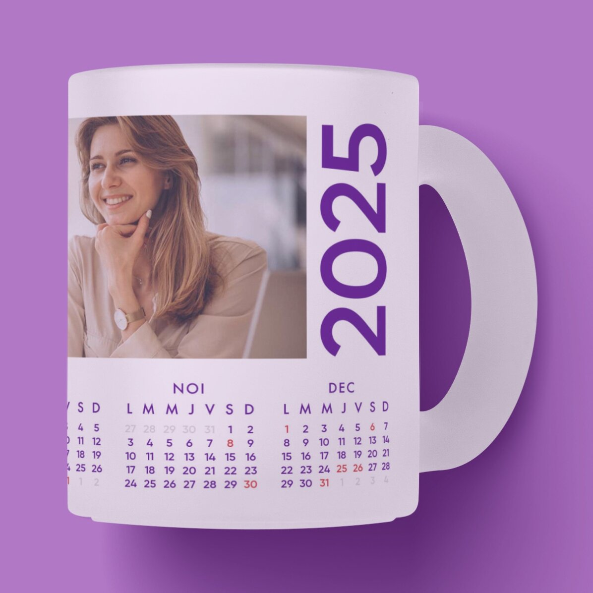 Cană sticlă mată personalizată cu calendar și o poză 