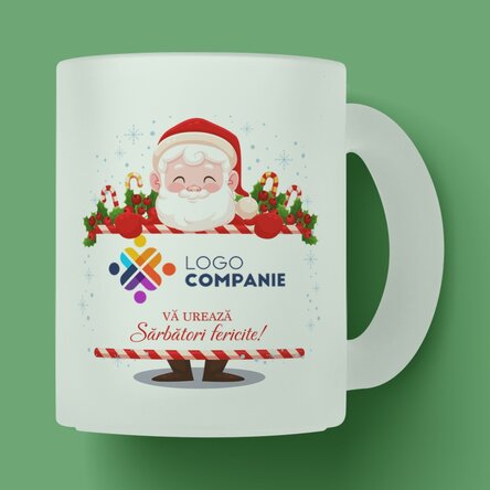 Cană sticlă mată personalizată cu logo și mesaj - Moș Crăciun 