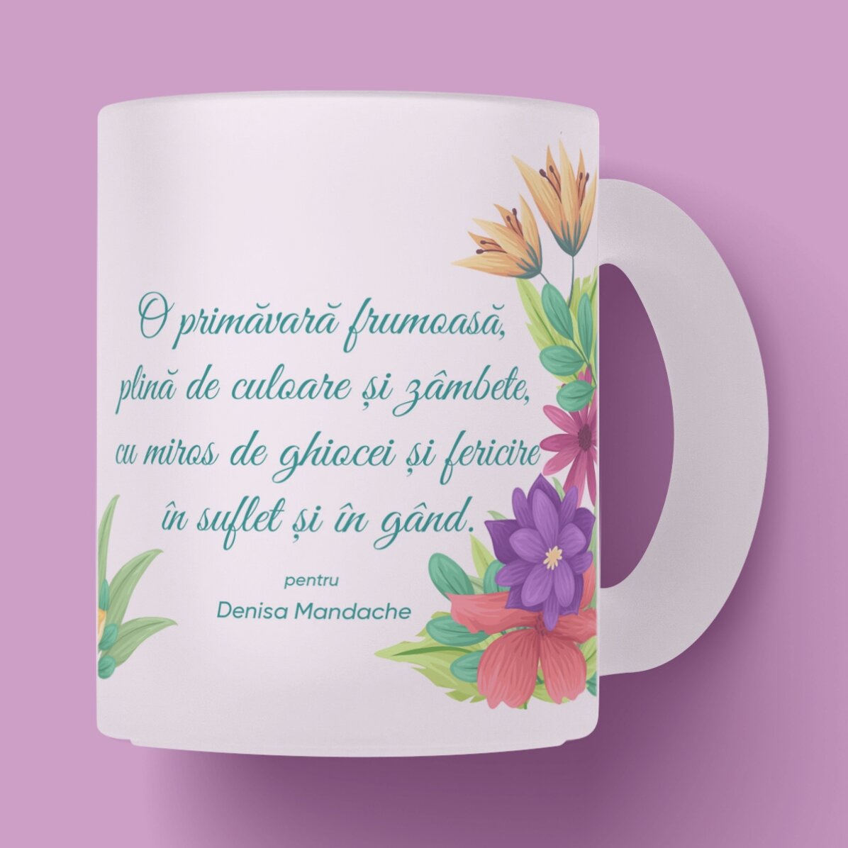 Cană sticlă mată personalizată cu logo și text - Flori de primăvară