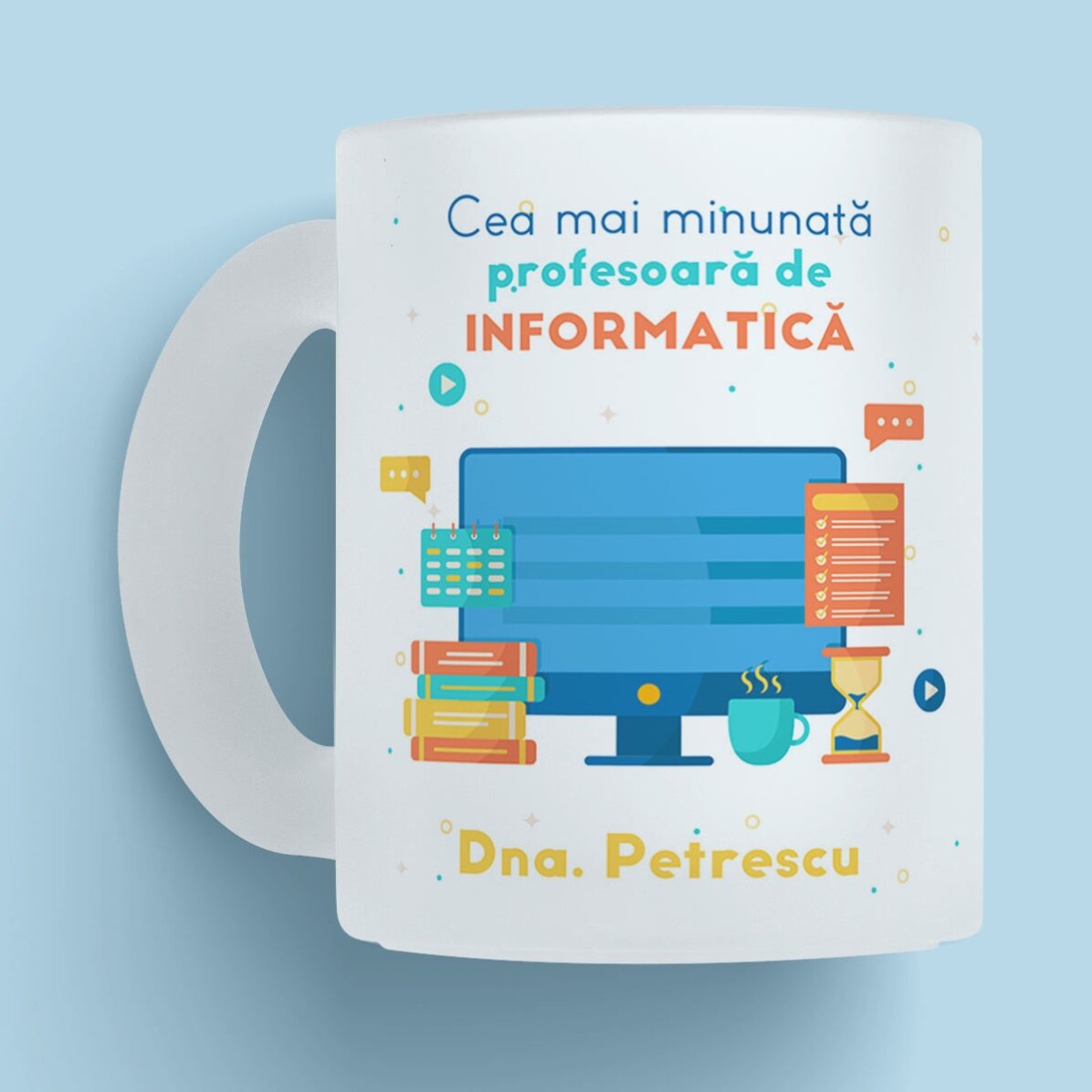 Cană sticlă mată personalizată cu mesaj - Profesoară de Informatică 