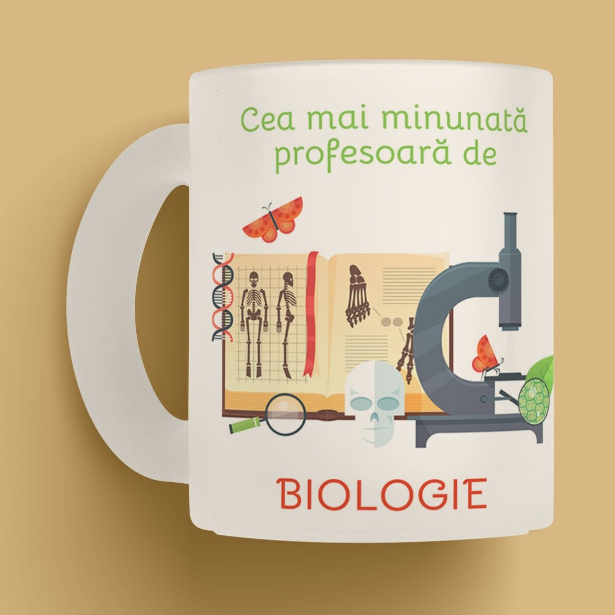 Cană sticlă mată personalizată cu mesaj - Profesor de Biologie