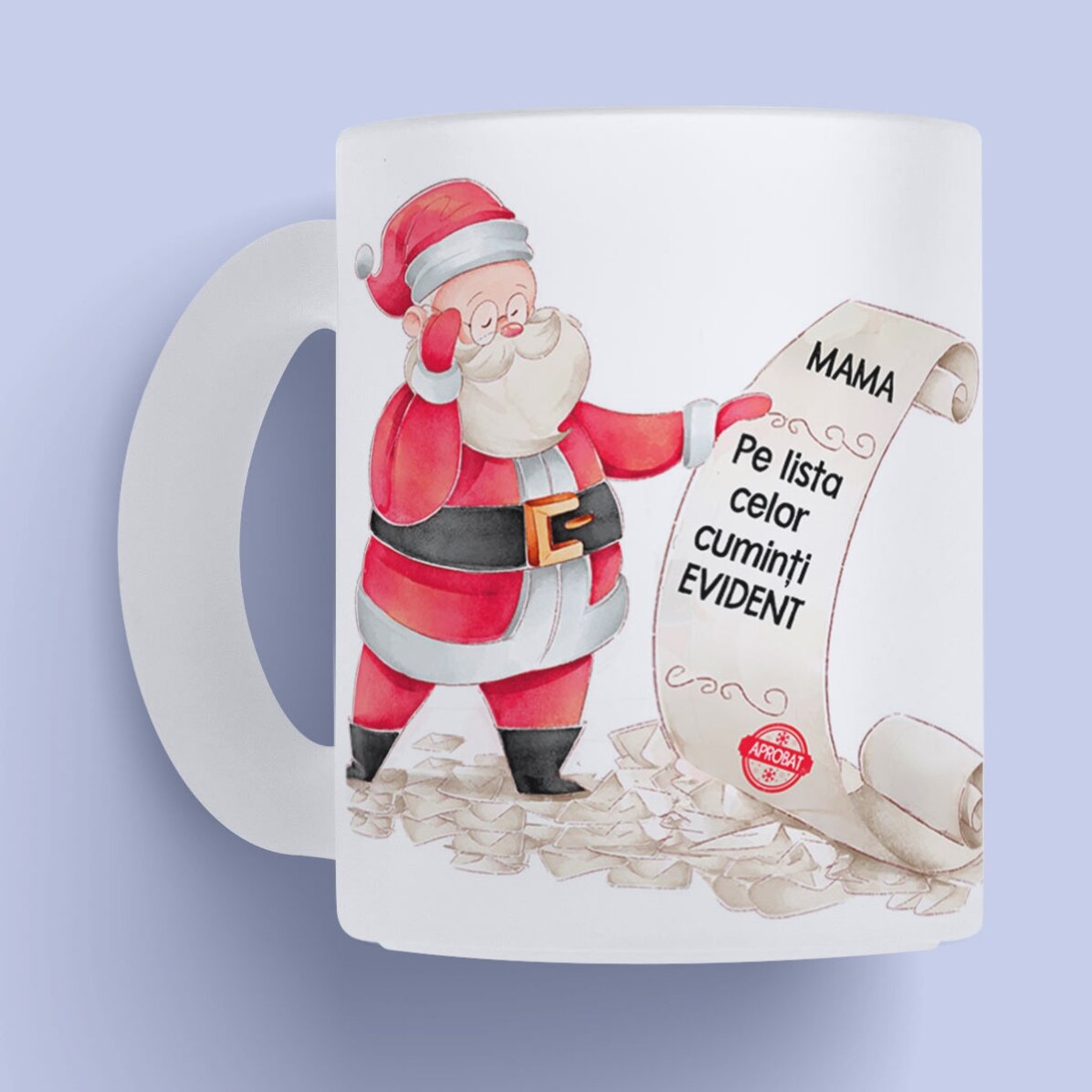 Cană sticlă mată personalizată cu mesaj și poză - Lista moșului