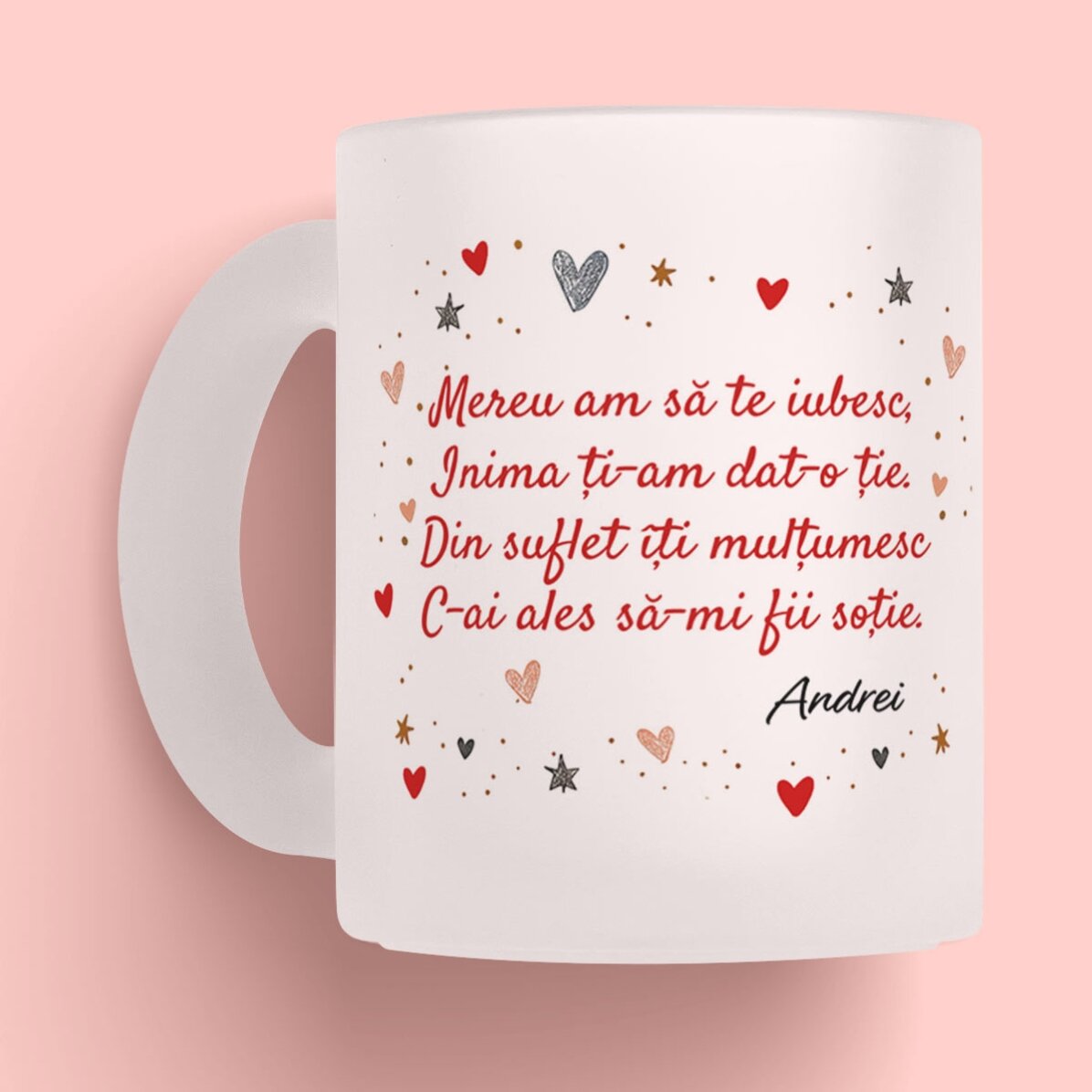 Cană sticlă mată personalizată cu mesaj și poză pentru soție x Flick