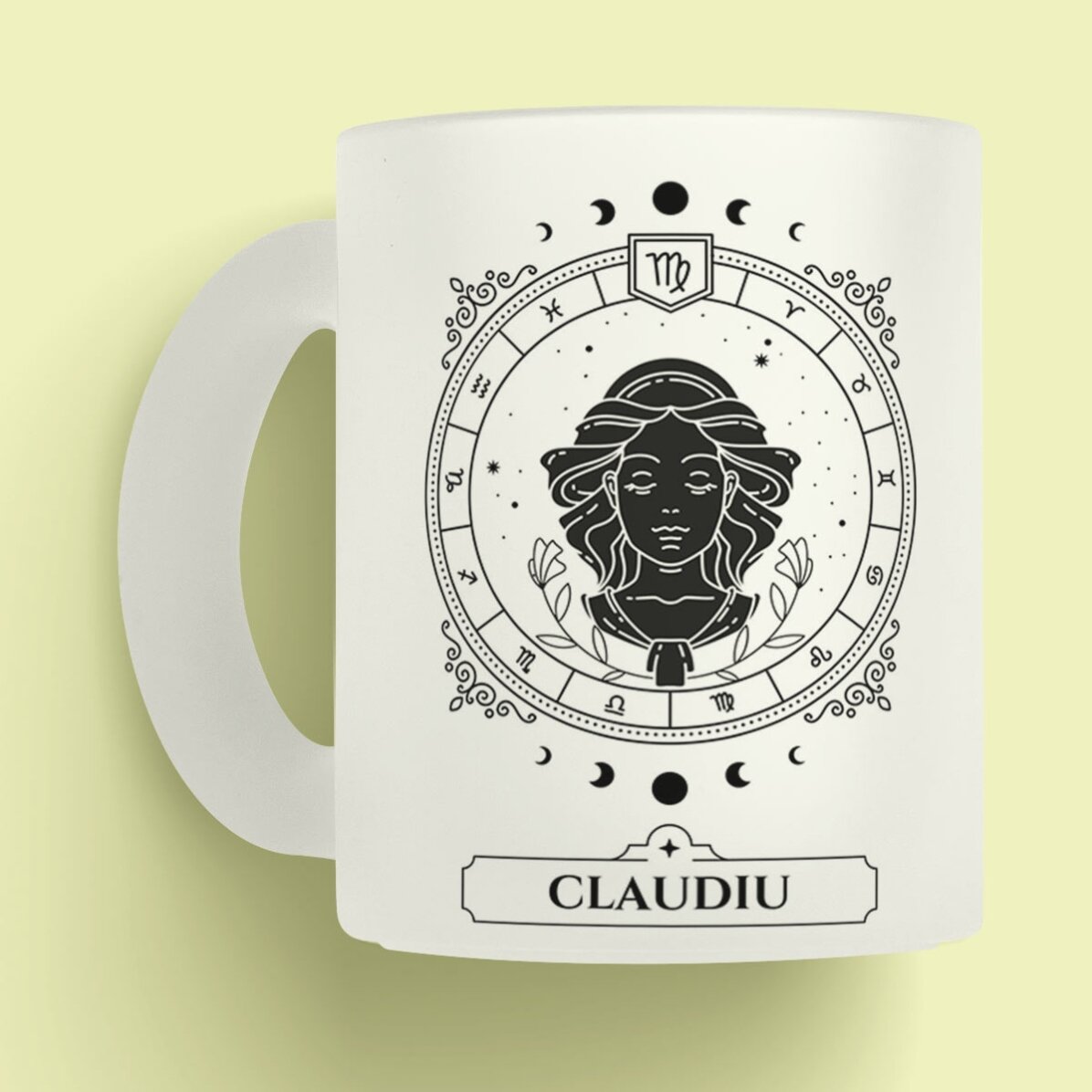 Cană sticlă mată personalizată cu nume și zodie - Fecioara