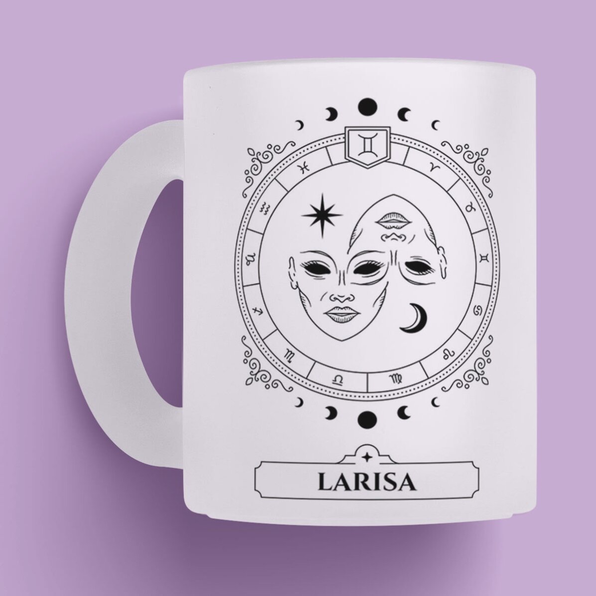 Cană sticlă mată personalizată cu nume și zodie - Gemeni