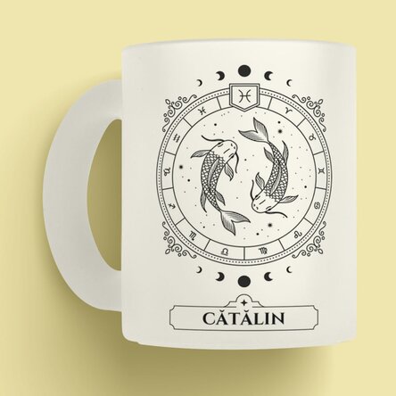Cană sticlă mată personalizată cu nume și zodie - Pești