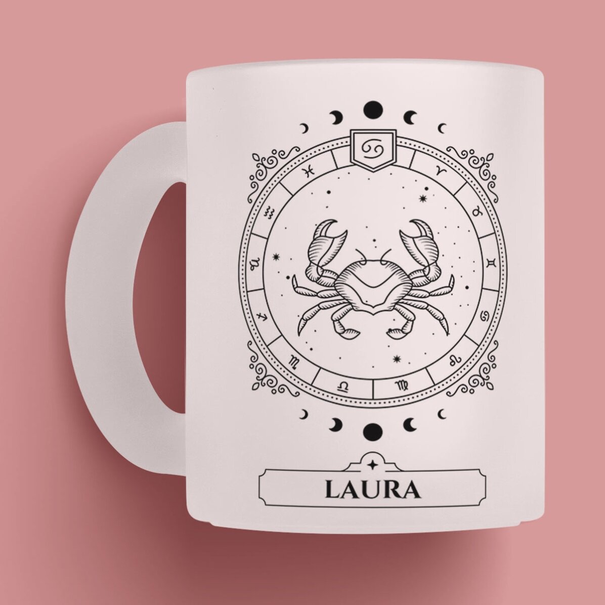 Cană sticlă mată personalizată cu nume și zodie - Rac
