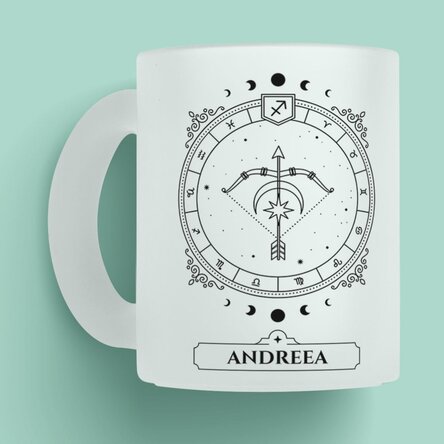 Cană sticlă mată personalizată cu nume și zodie - Săgetător