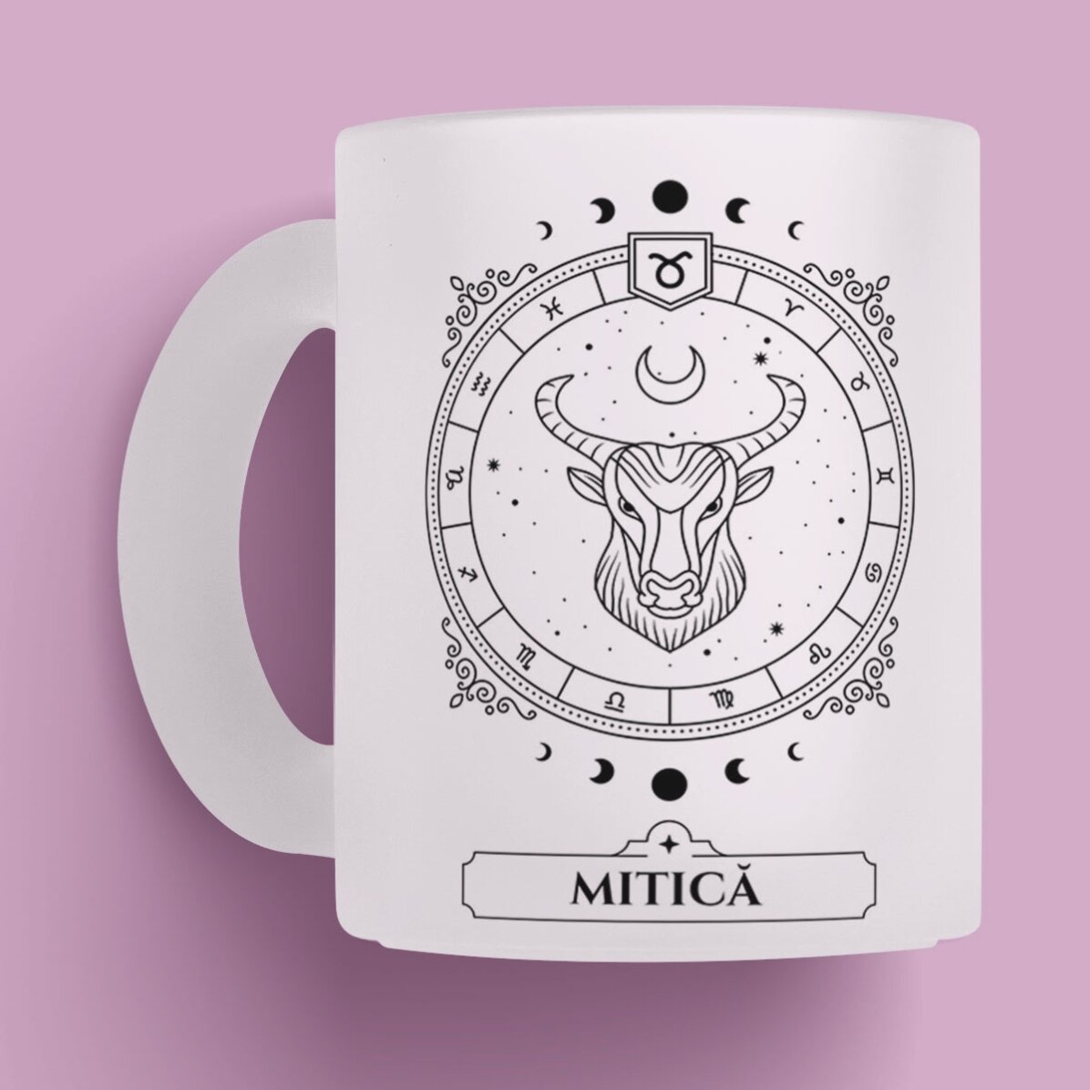 Cană sticlă mată personalizată cu nume și zodie - Taur